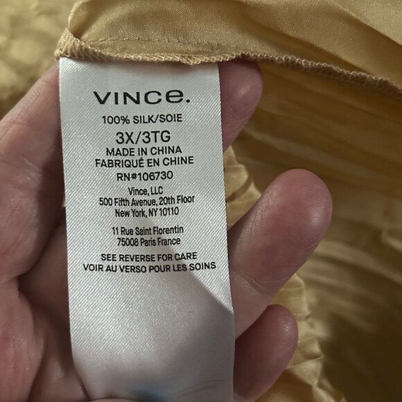 Vince SILK Yellow Pleated Blouse with Mandarin Collar - Picture 5 of 6